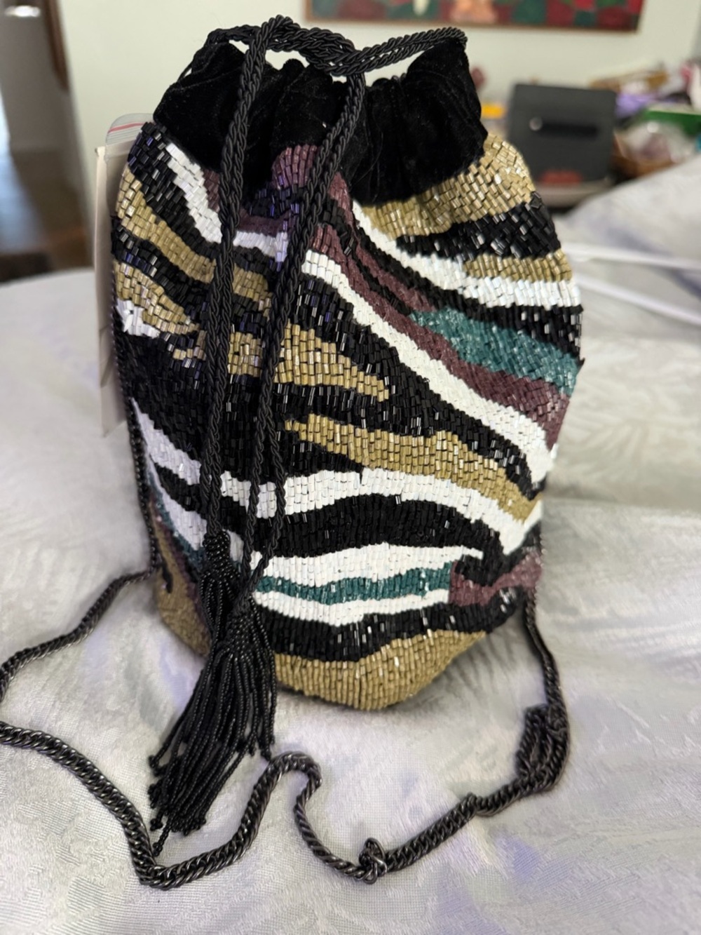 Zara Beaded Drawstring Mini Bag in Black, Pink & Olive - Picture 2 of 4